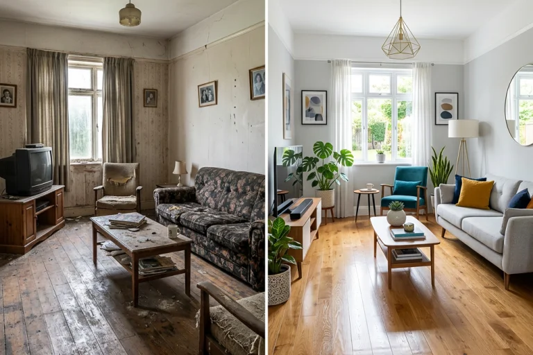 Vivienda antes y después de la renovación: salón antiguo reformado con estilo moderno