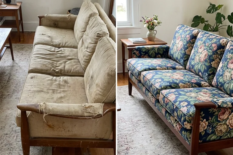 Sofá antes y después del retapizado: de tela beige desgastada a tapizado floral azul