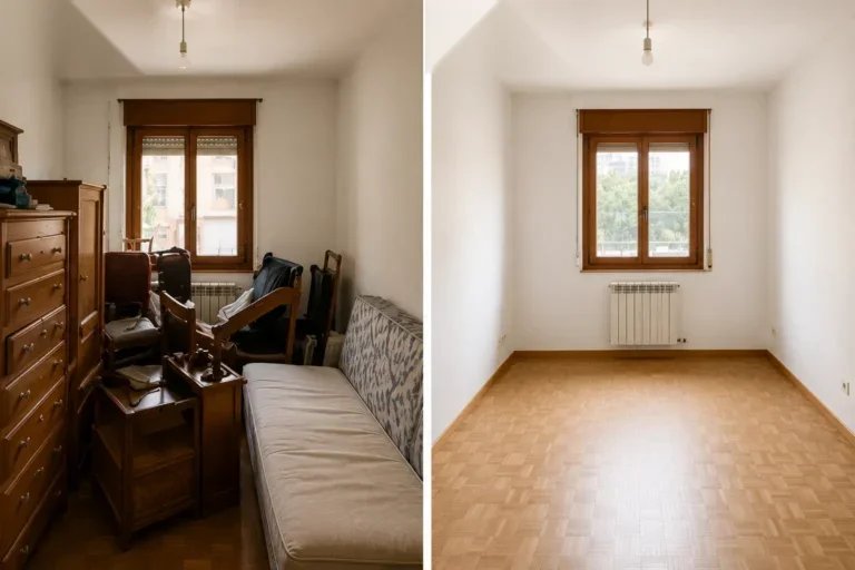 Habitación antes y después del vaciado de pisos en Barcelona: de llena de muebles a vacía y limpia